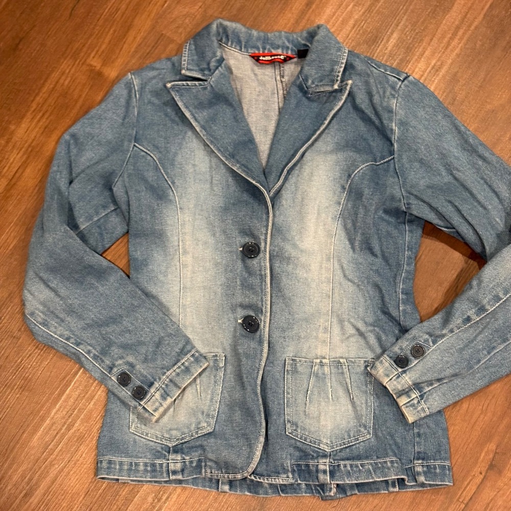 Vintage 90s Y2K Dollhouse Sandblast Wash Fitted Denim Blazer Jacket Large